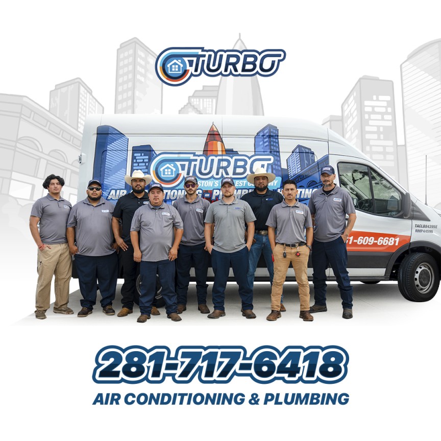 Turbo team standing in front of a Turbo truck with the accompanying text: "281-717-6418" and "air conditioning & Plumbing."