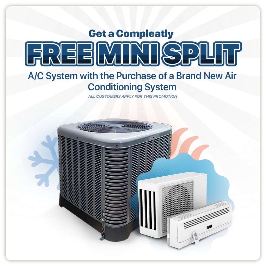 Promotional image that features the text "Get a completely Free Mini Split A/C System with the Purchase of a Brand New Air Conditioning System. All customers appy for this promotion." over an image of an air conditioning unit.