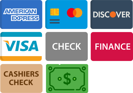 Graphic listing American Express, Master Card, Discover, VISA, check, finance, cashier's check, and cash as payment options.