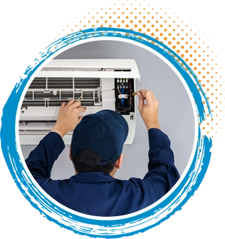 Technician performing AC maintenance on a wall-mounted unit, emphasizing HVAC service and efficiency for residential comfort.