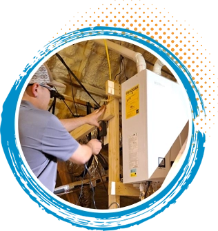 Technician installing ductwork and vents for HVAC system in residential setting, emphasizing Turbo Home Services' expertise in improving airflow and comfort.