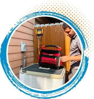 HVAC technician servicing air conditioning unit with tools, highlighting maintenance and repair services offered by Turbo Home Services.