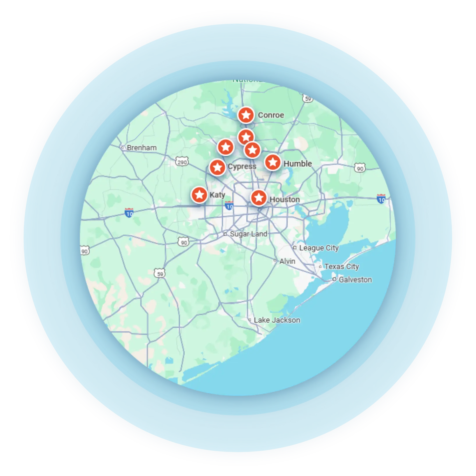 Map highlighting service areas for Turbo Home Services in Houston and surrounding communities, featuring marked locations such as Cypress, Katy, and Humble for HVAC maintenance services.
