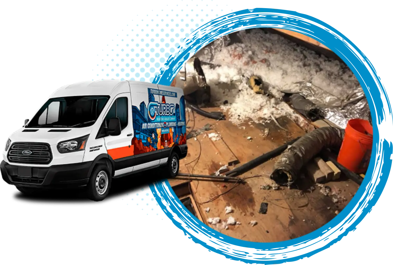 Turbo Home Services van parked near ductwork and insulation in an attic, illustrating professional duct and vent cleaning services for improved indoor air quality and HVAC efficiency.