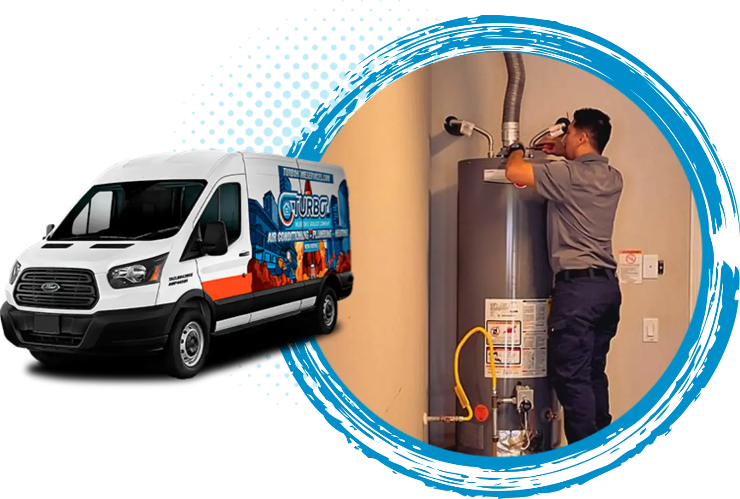 Technician servicing a water heater, Turbo Home Services van in the foreground, emphasizing HVAC and plumbing services.