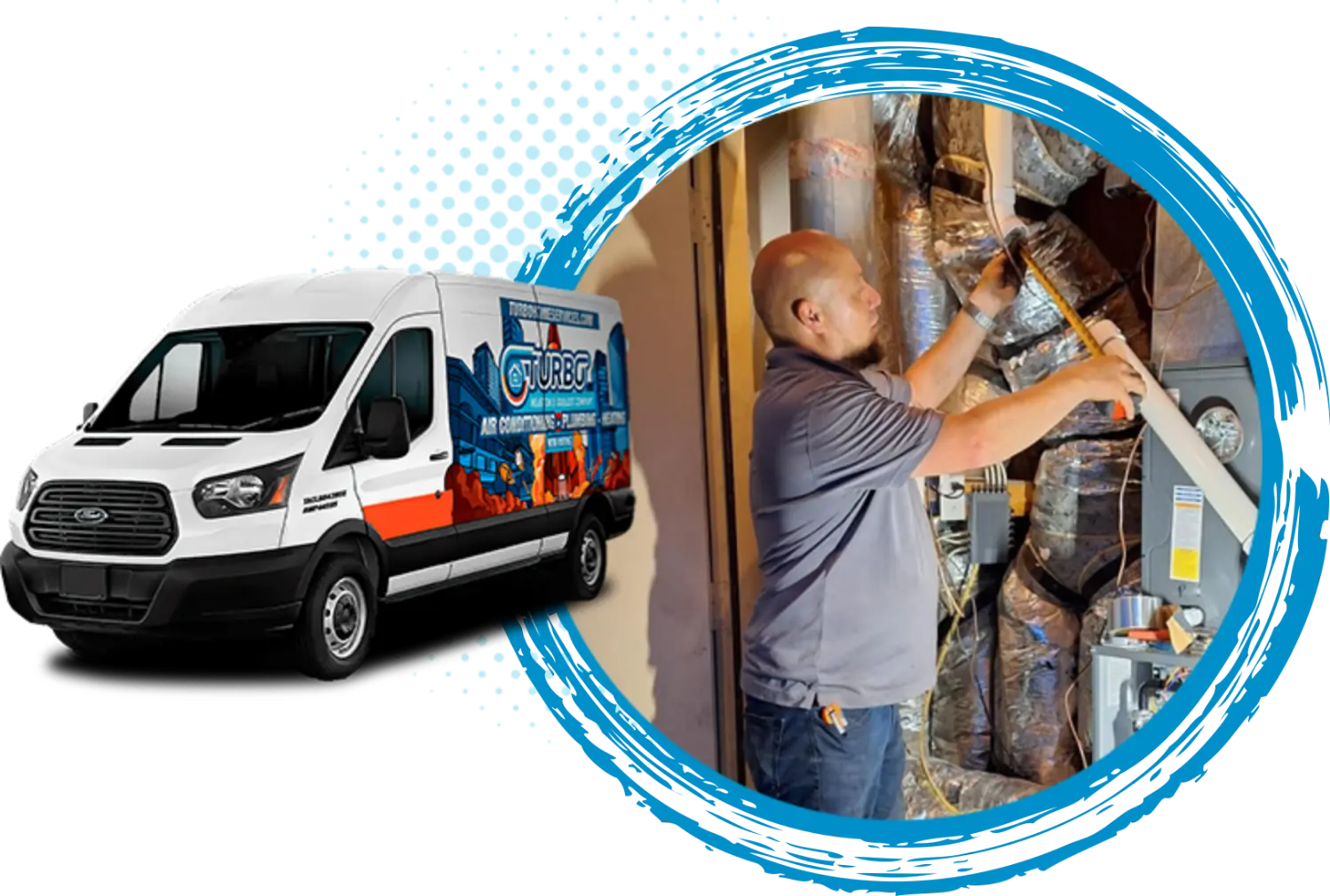 HVAC technician performing maintenance on air conditioning ducts with Turbo Home Services van in background, emphasizing expert HVAC repair and comfort restoration.