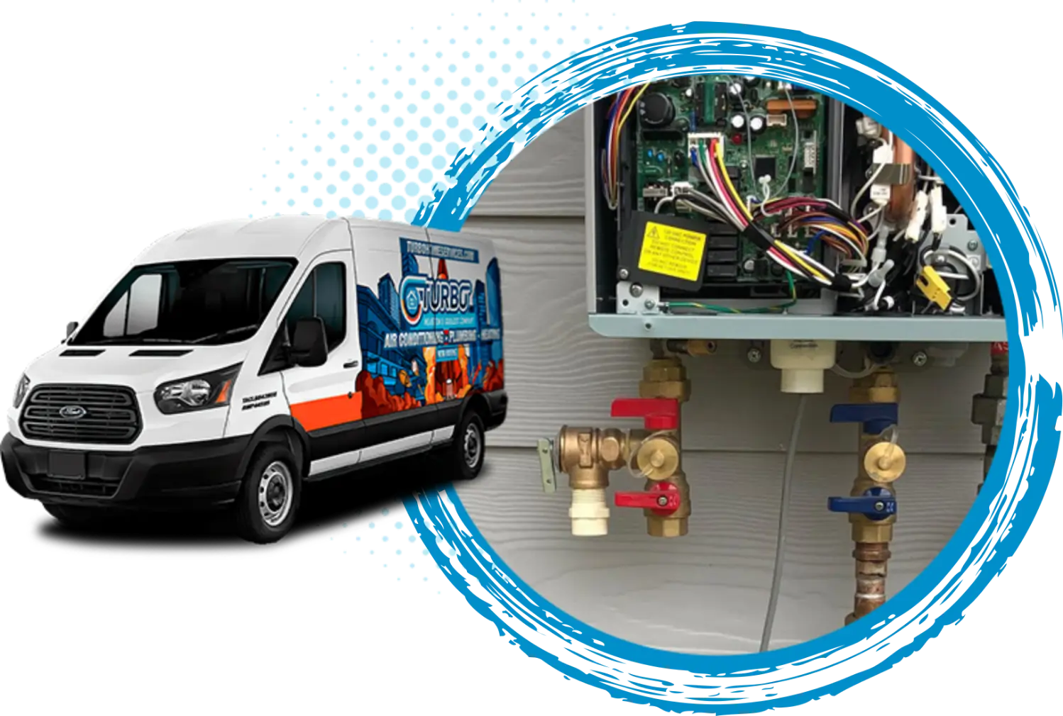 Turbo Home Services van alongside heating system components, showcasing HVAC repair services for efficient home heating.