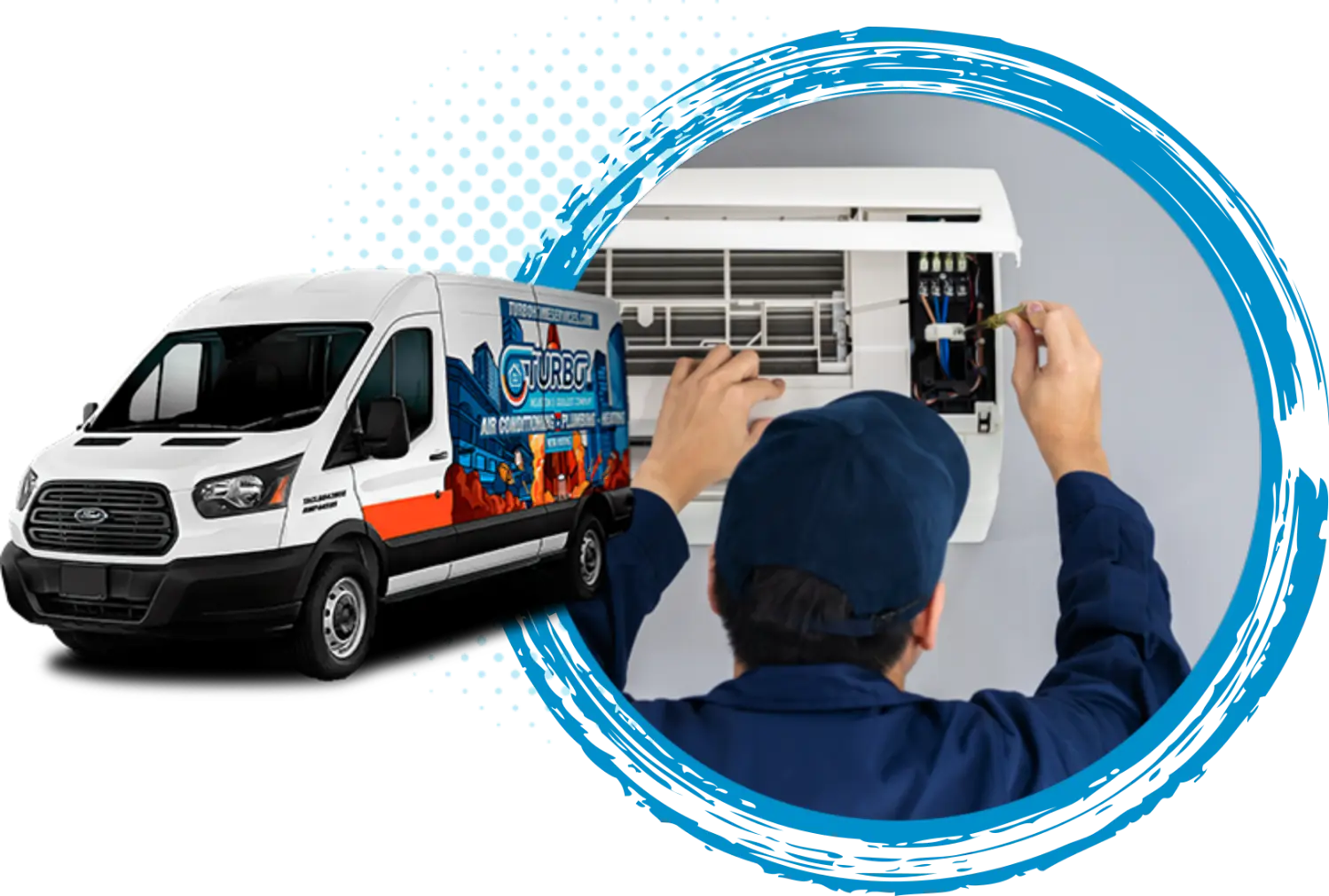 Turbo Home Services van alongside technician performing AC maintenance on a wall unit, emphasizing HVAC service expertise and efficiency.