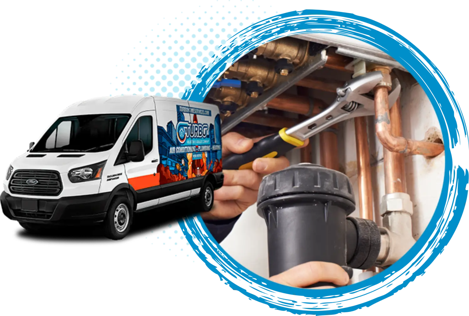 Turbo Home Services van with HVAC technician repairing pipes and plumbing system, emphasizing professional heating maintenance services.