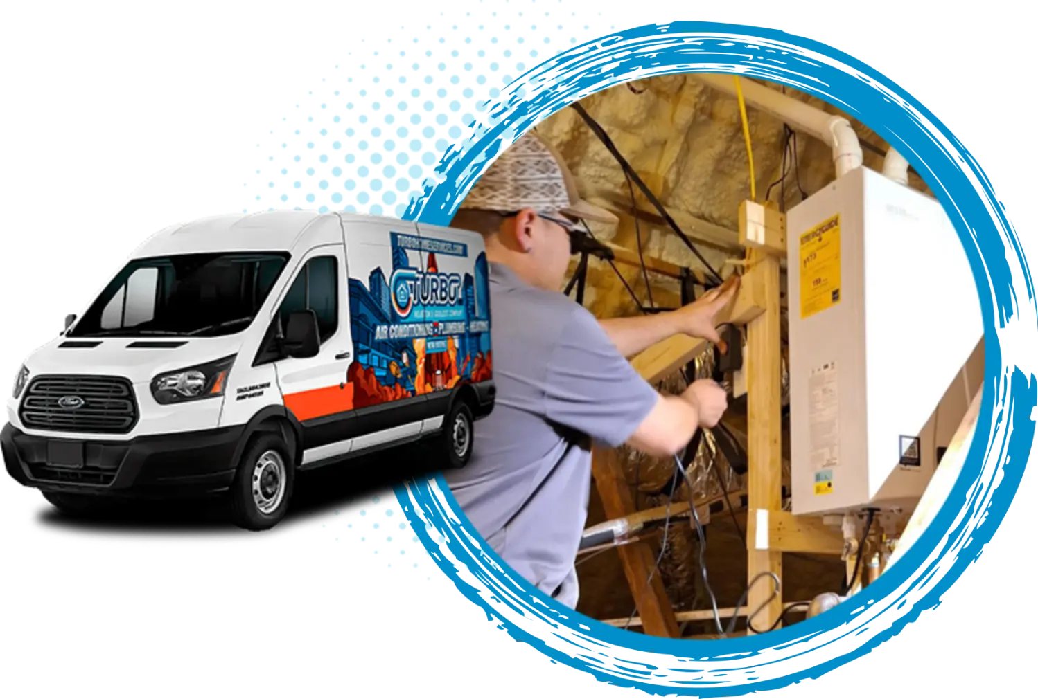 Technician working on HVAC system installation with Turbo Home Services van in foreground, emphasizing professional duct and vent installation for efficient airflow.