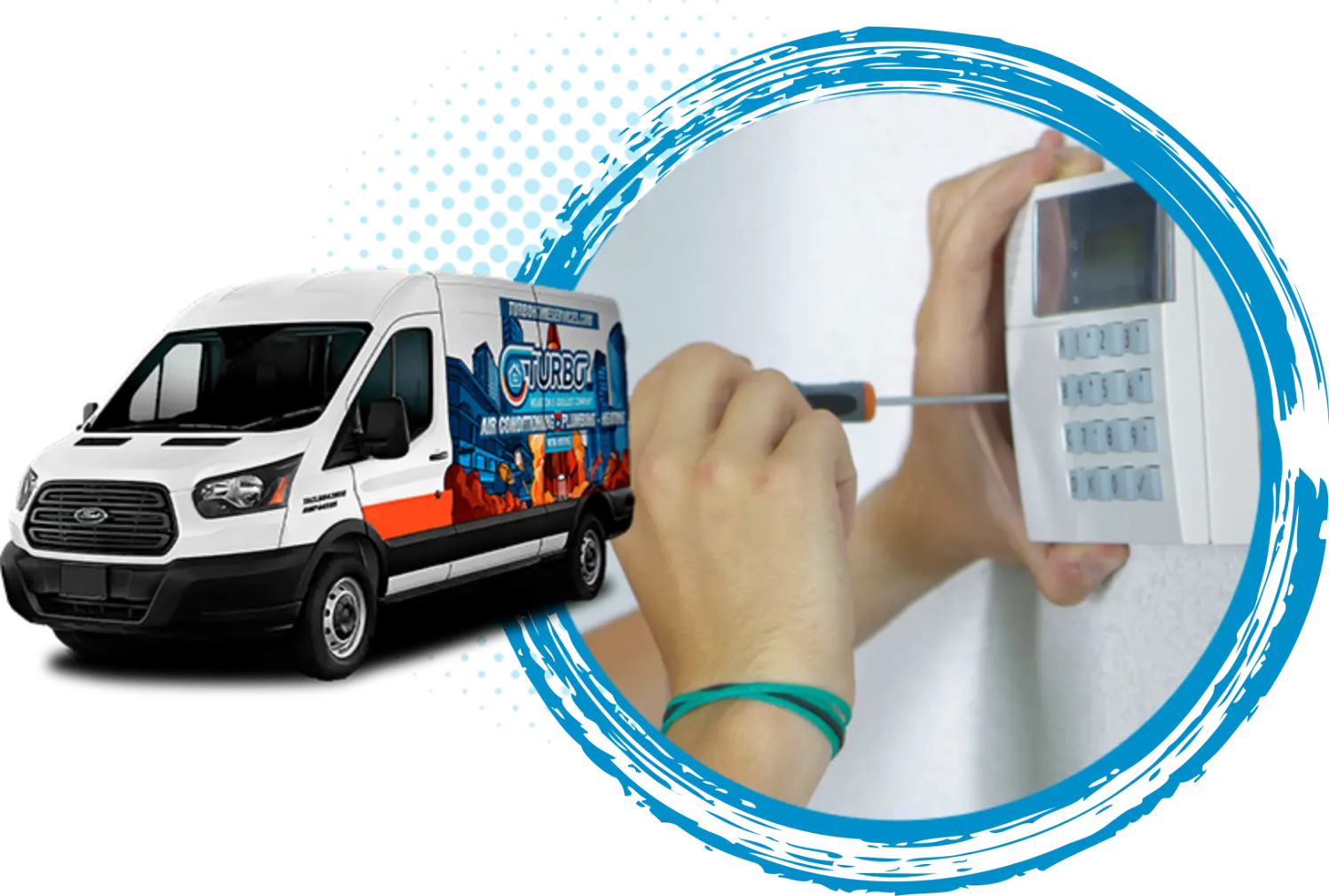 Turbo Home Services van and technician installing a thermostat, emphasizing HVAC service and installation expertise.