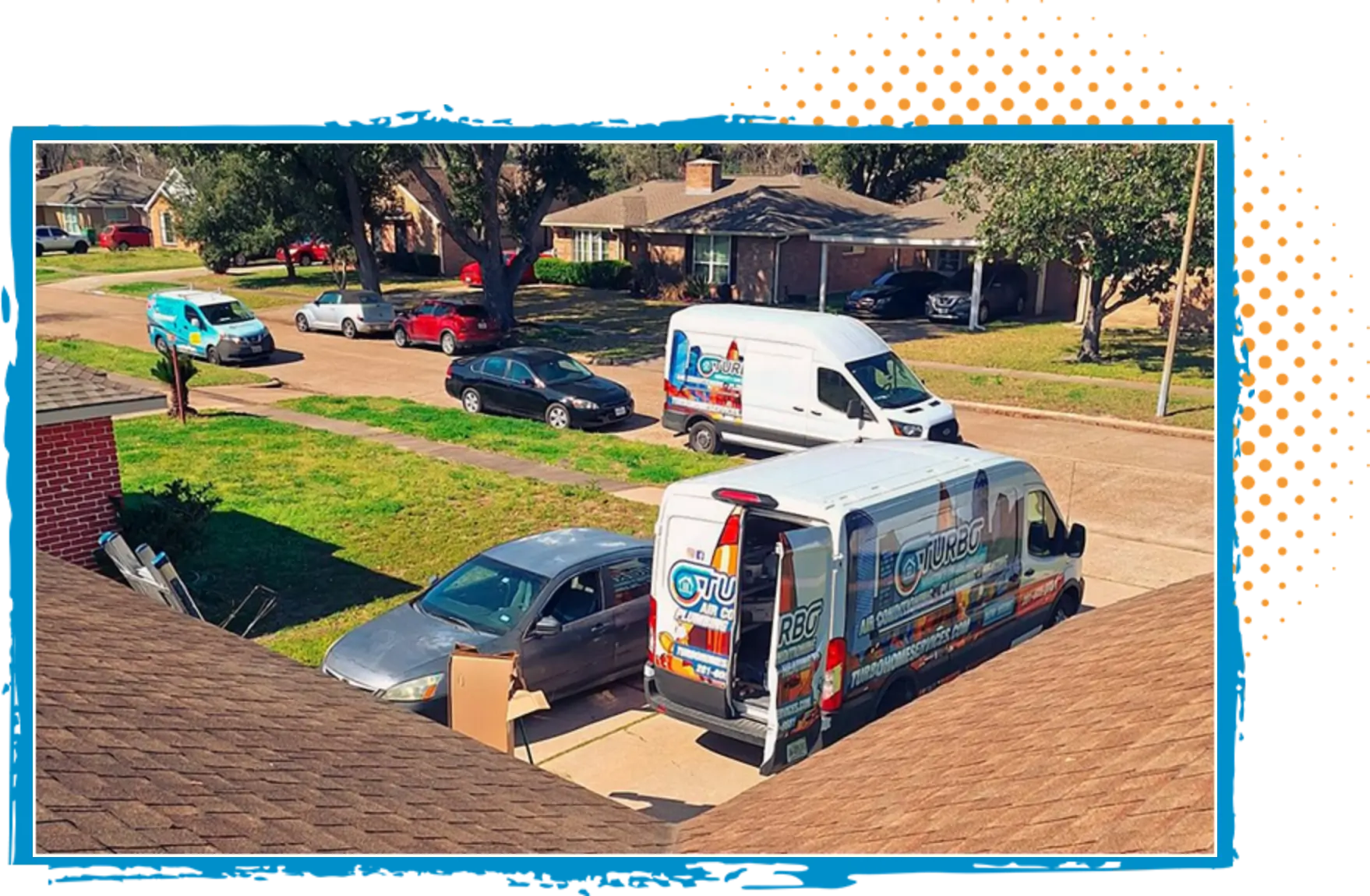 Turbo Home Services HVAC service van parked in residential area with additional vehicles, showcasing local service availability in Conroe, Texas.