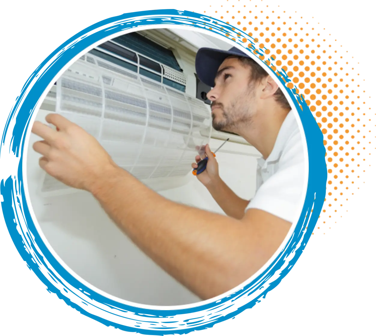 Technician performing HVAC maintenance by cleaning an air conditioning unit, emphasizing efficient airflow and indoor air quality improvement.