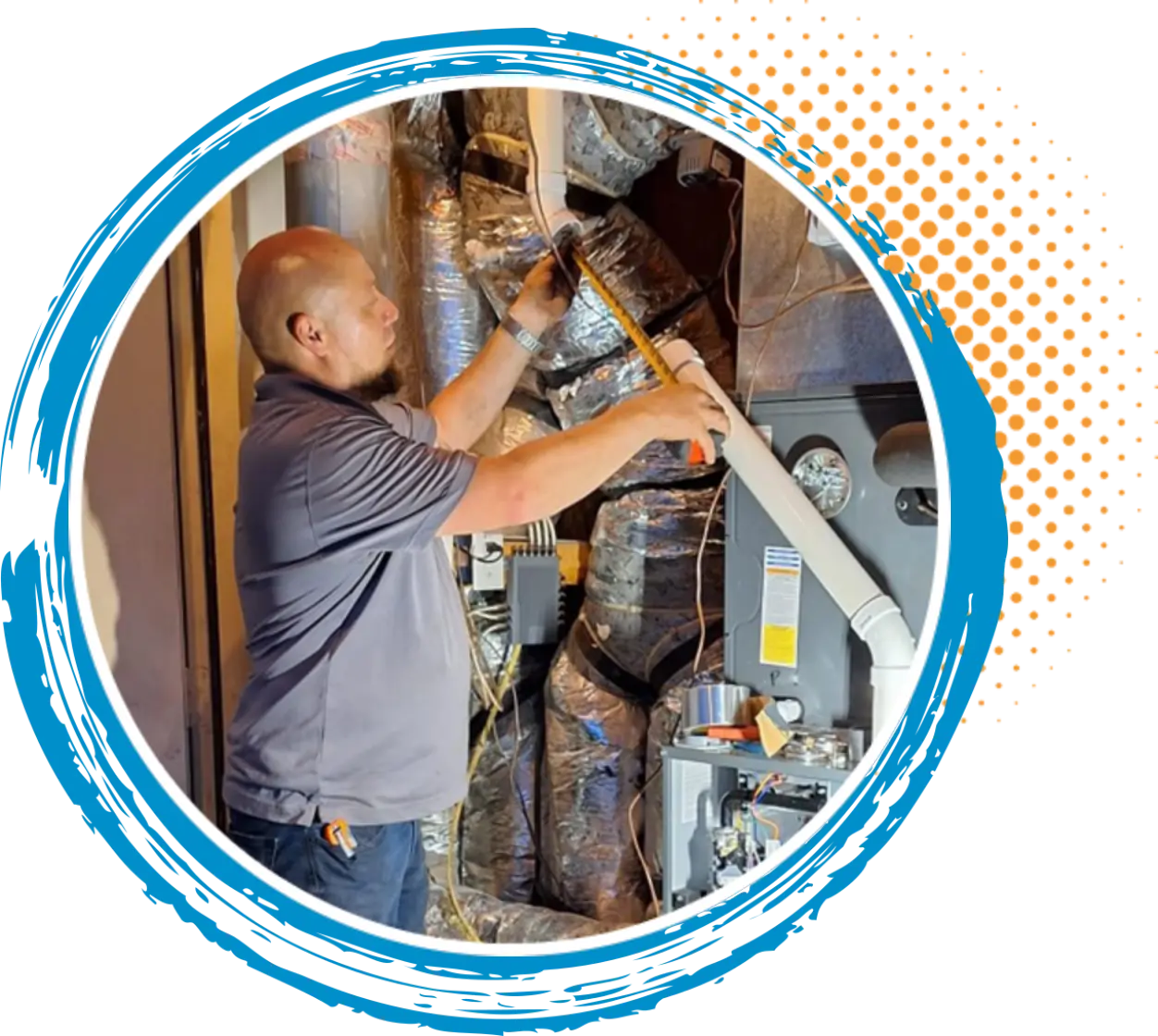 Technician measuring and installing heating system components in a residential setting, demonstrating professional HVAC service for efficient home heating in Conroe, Texas.