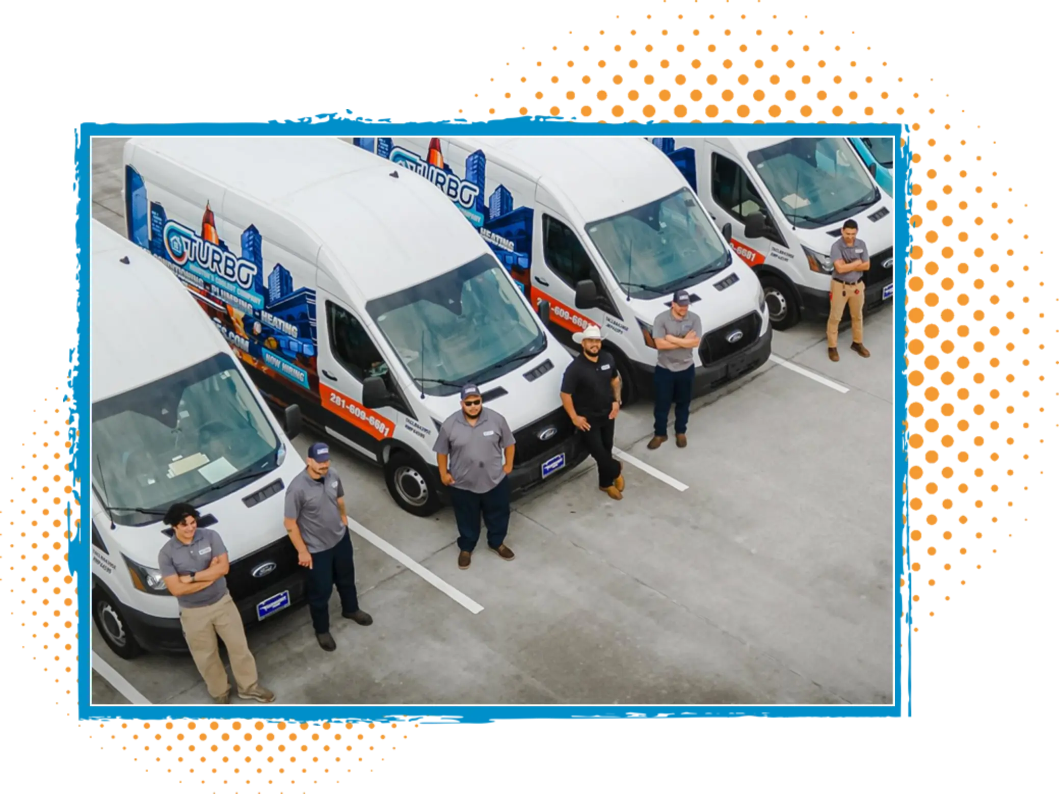 Team of licensed HVAC and plumbing professionals from Turbo Home Services standing in front of service vans, showcasing commitment to quality home services in Houston.
