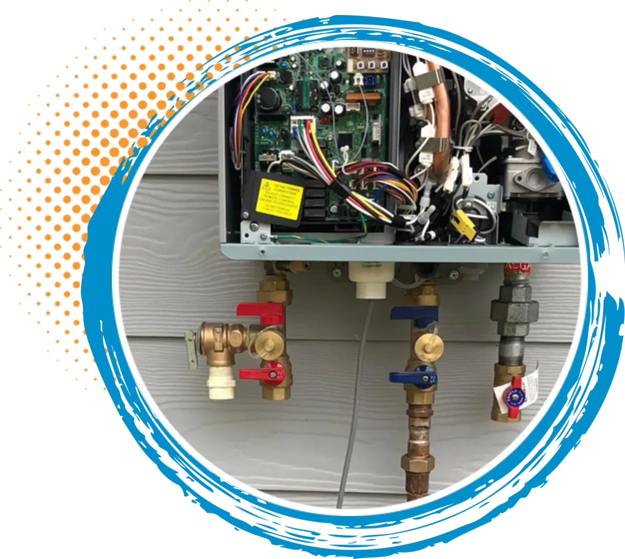 Heating system components and valves on a wall-mounted unit, showcasing Turbo Home Services' heating repair expertise in Conroe.