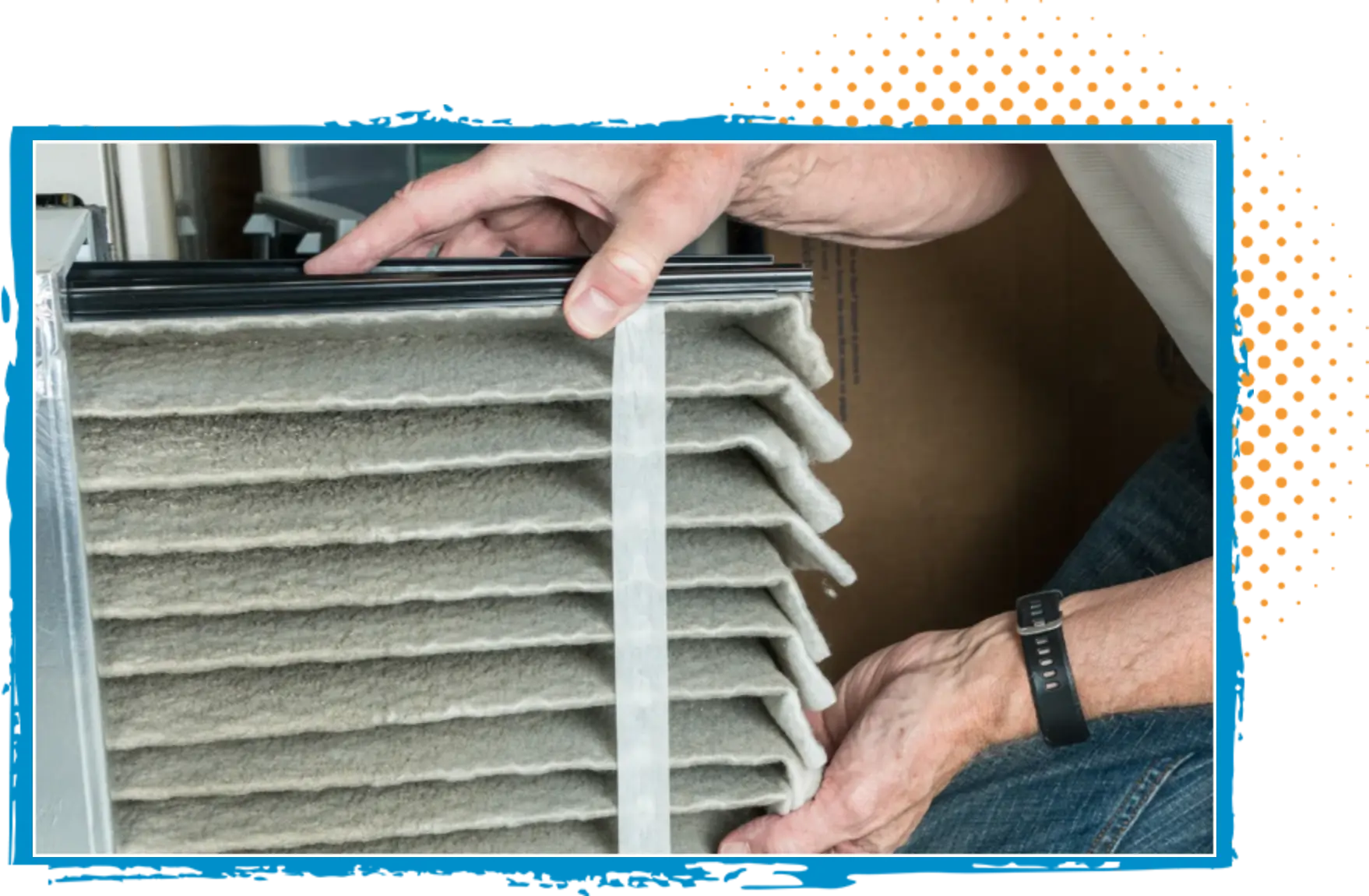 Person handling a stack of air filters, demonstrating the importance of regular duct and vent maintenance for improved air quality and HVAC efficiency.