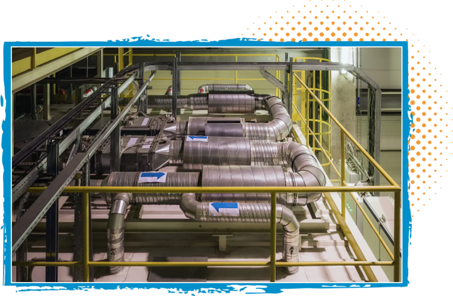 HVAC ductwork and ventilation system in an industrial setting, showcasing metal pipes and components for efficient air distribution and maintenance.