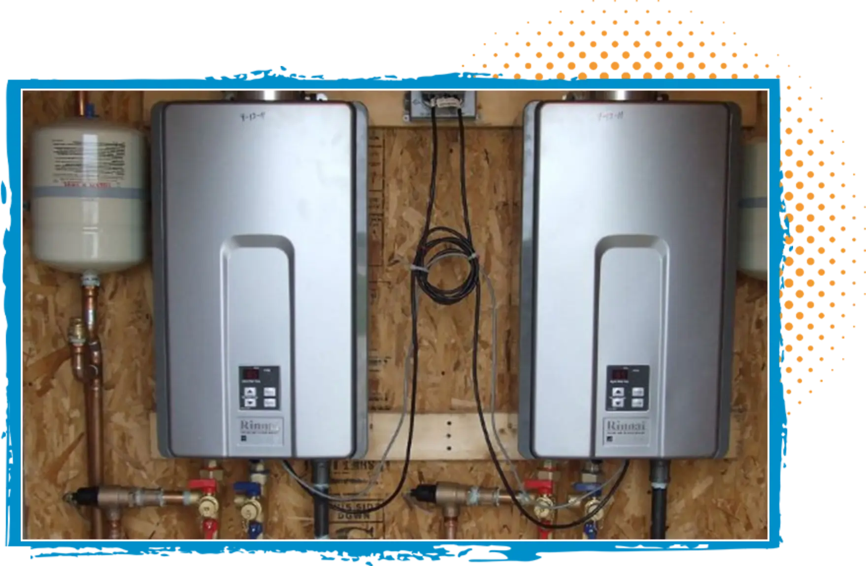 Two modern tankless water heaters mounted on a wooden wall, featuring digital control panels and connected plumbing, illustrating efficient heating system solutions for homes.