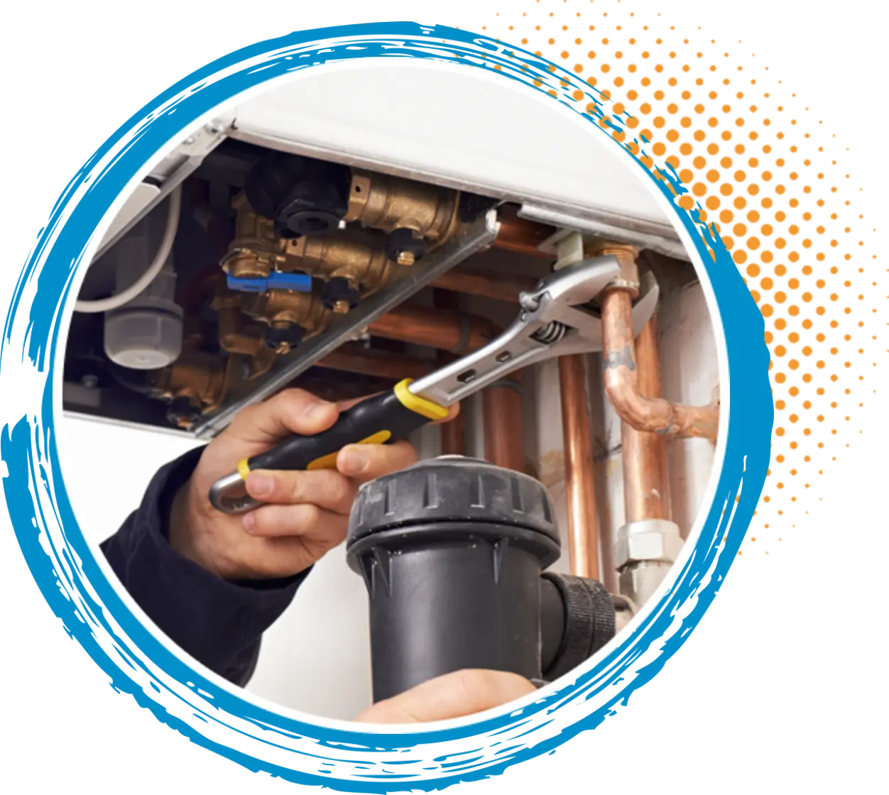 Technician using a wrench on plumbing pipes and fittings, demonstrating HVAC maintenance services for homeowners in Conroe, Texas.