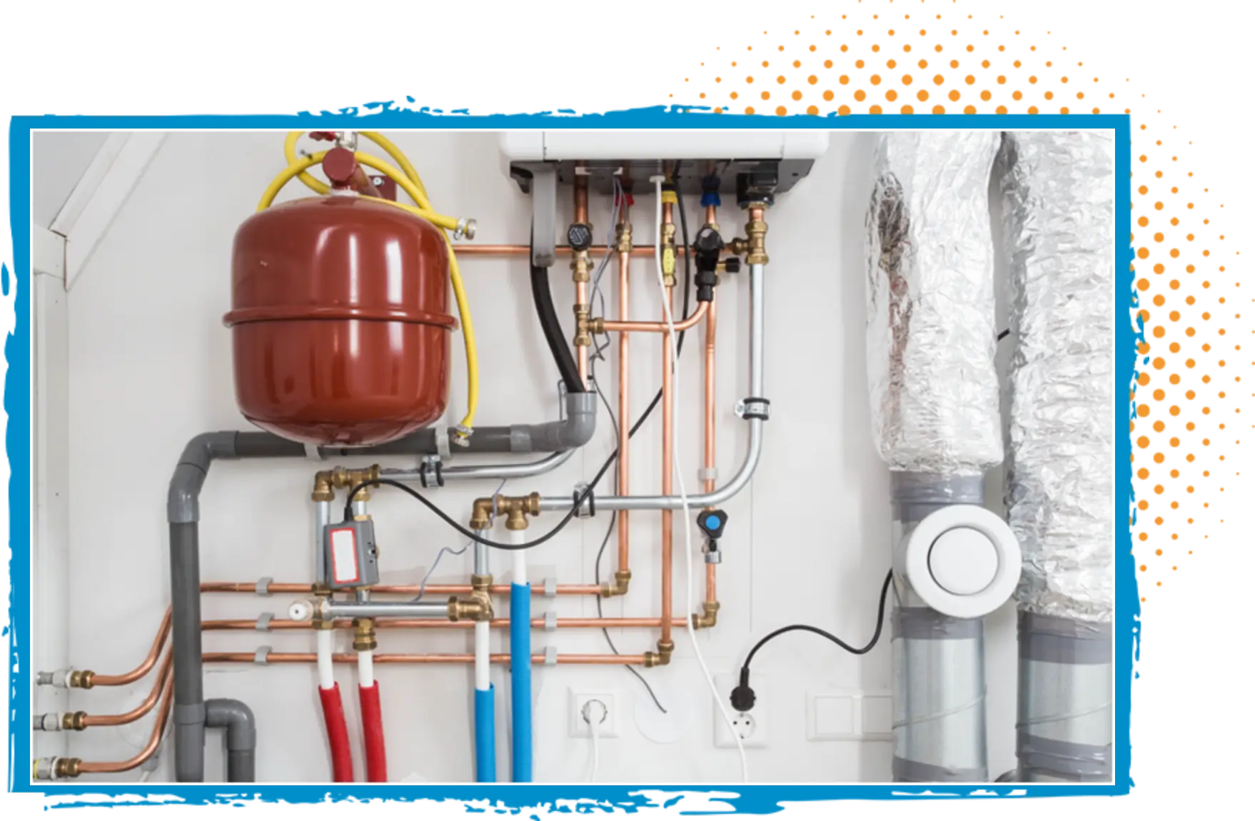Heating system components including a red expansion tank, copper pipes, and insulated ducts, illustrating HVAC maintenance essentials for efficient home heating.