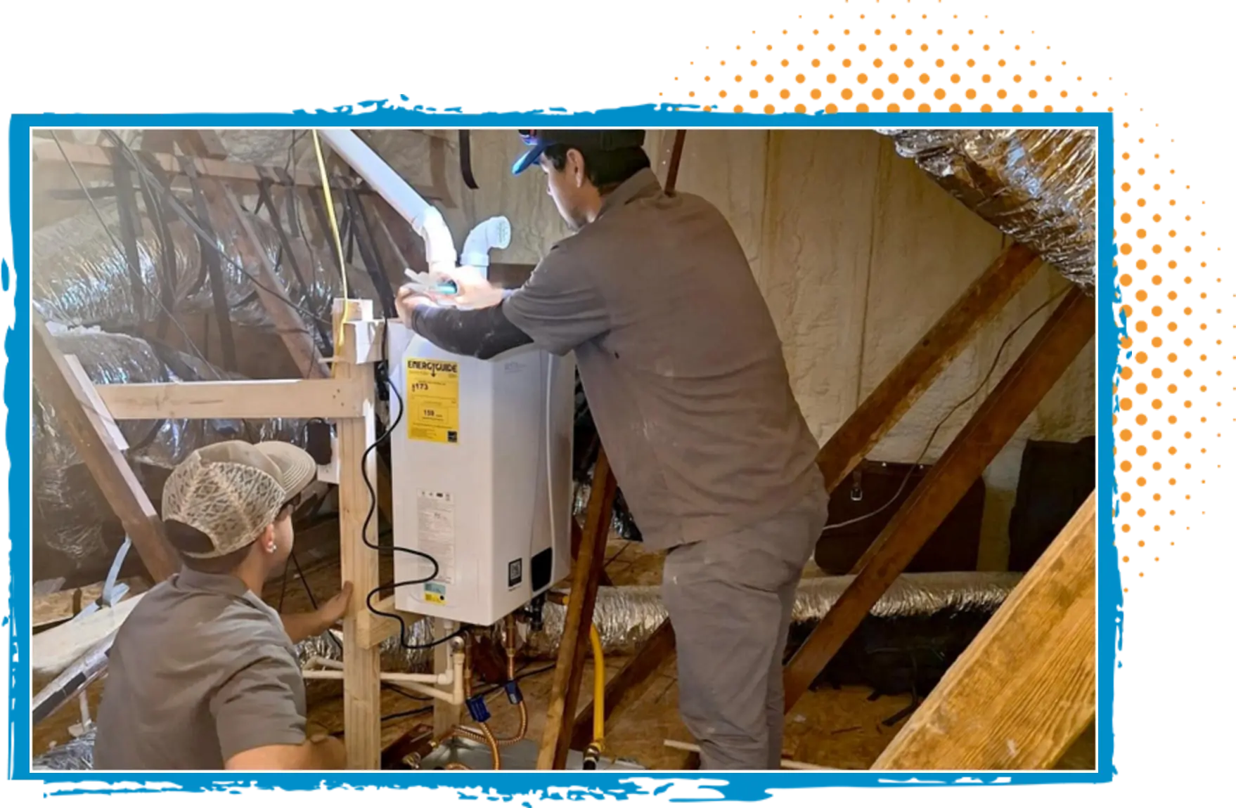 HVAC technicians installing ductwork and vent systems in an attic for improved airflow and energy efficiency.