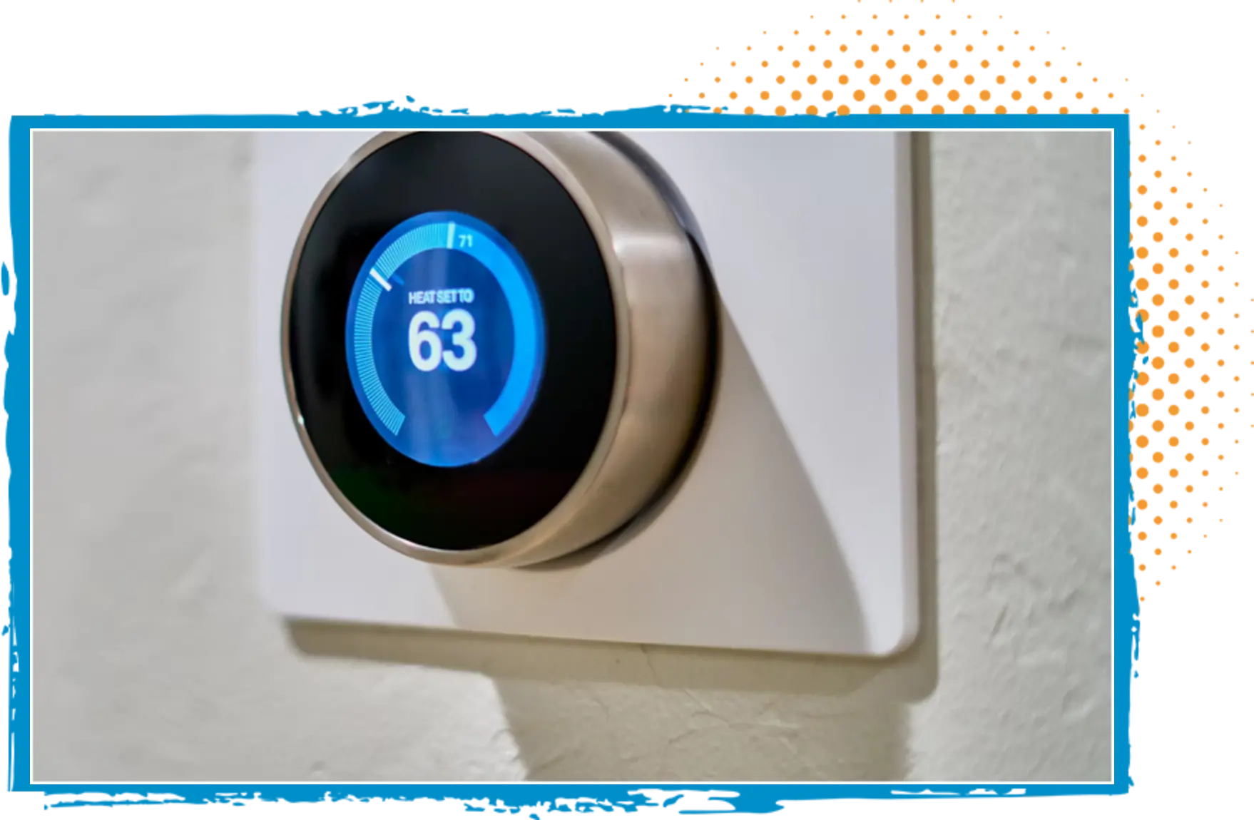 Smart thermostat displaying heat setting at 63 degrees Fahrenheit, emphasizing energy efficiency and indoor comfort for HVAC system optimization.