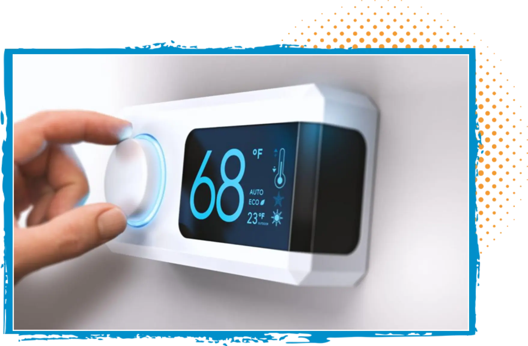 Modern digital thermostat displaying a temperature of 68&deg;F, with a hand adjusting the dial, emphasizing HVAC control and efficiency, relevant to Turbo Home Services' thermostat repair services.