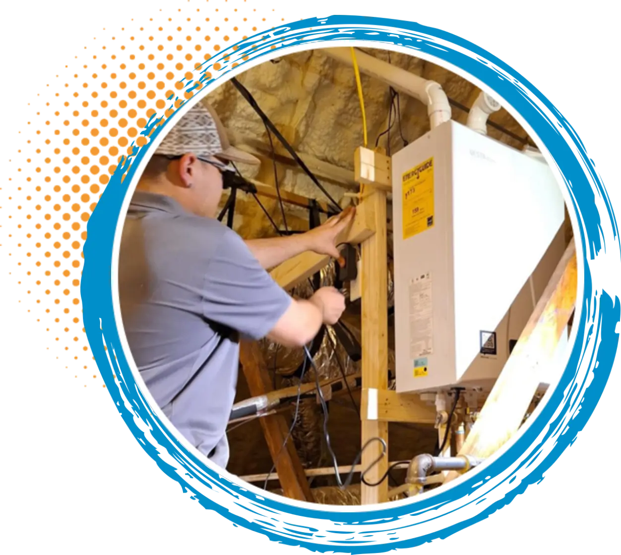 Technician installing a heating system in an attic, ensuring proper setup for HVAC efficiency and maintenance in Conroe.