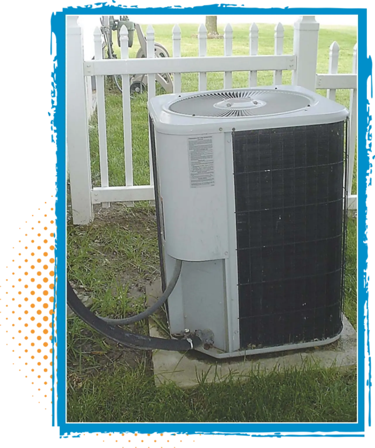 Air conditioning unit outside a home, surrounded by grass and a white picket fence, symbolizing Turbo Home Services' commitment to efficient AC repair and maintenance for improved system performance and comfort.