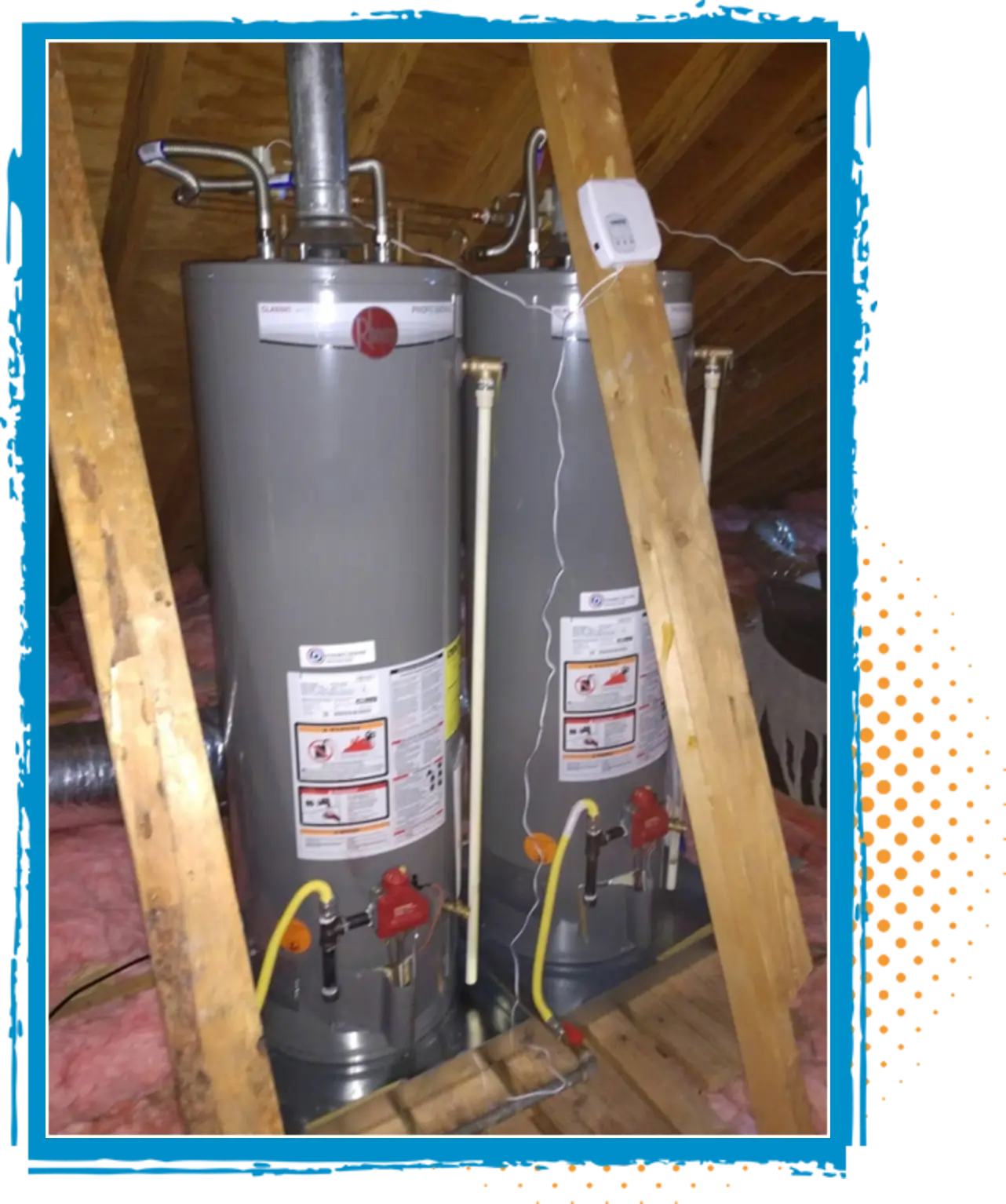 HVAC water heaters in attic space, showcasing maintenance setup with visible piping, valves, and safety labels for optimal performance and preventive care.
