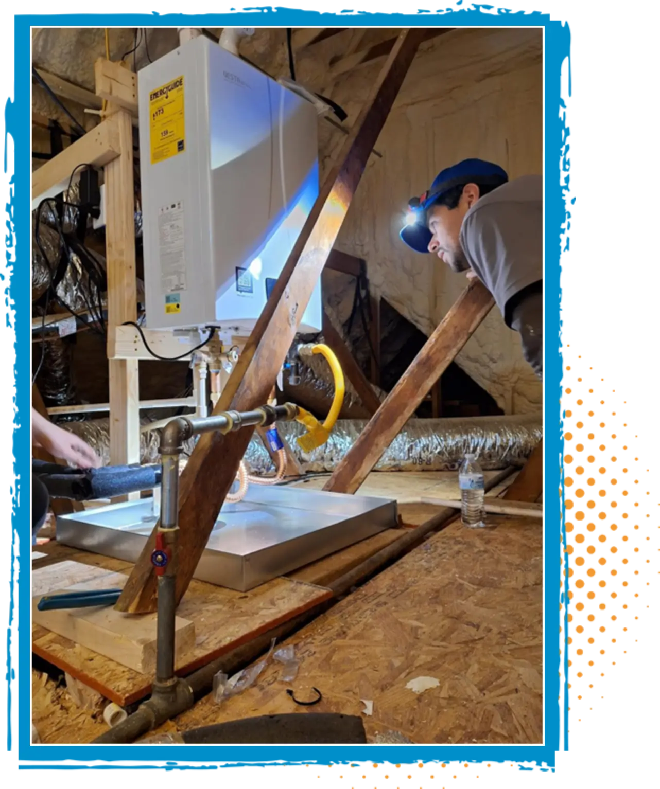 Technician installing a new HVAC system in an attic, featuring clean ductwork and ventilation components for improved indoor air quality and efficient airflow.