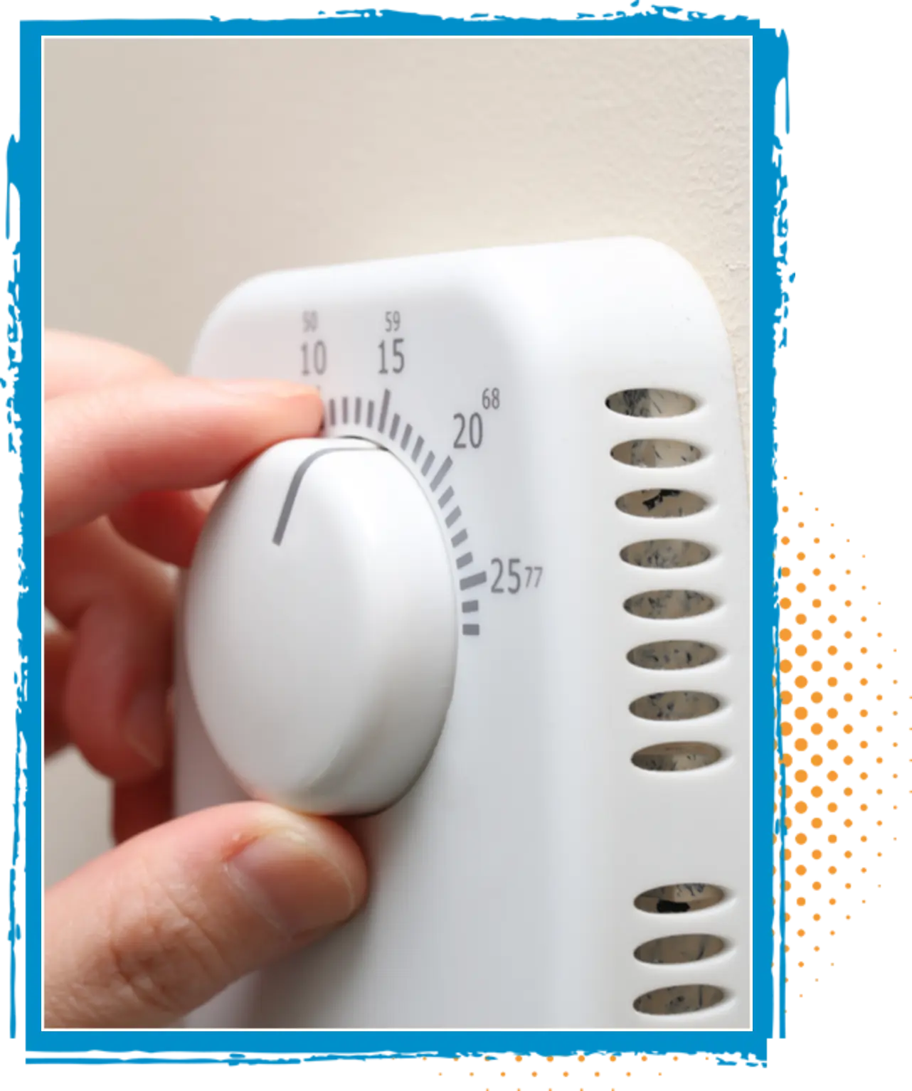 Hand adjusting a white thermostat dial, illustrating temperature control and HVAC system functionality for improved home comfort and efficiency.