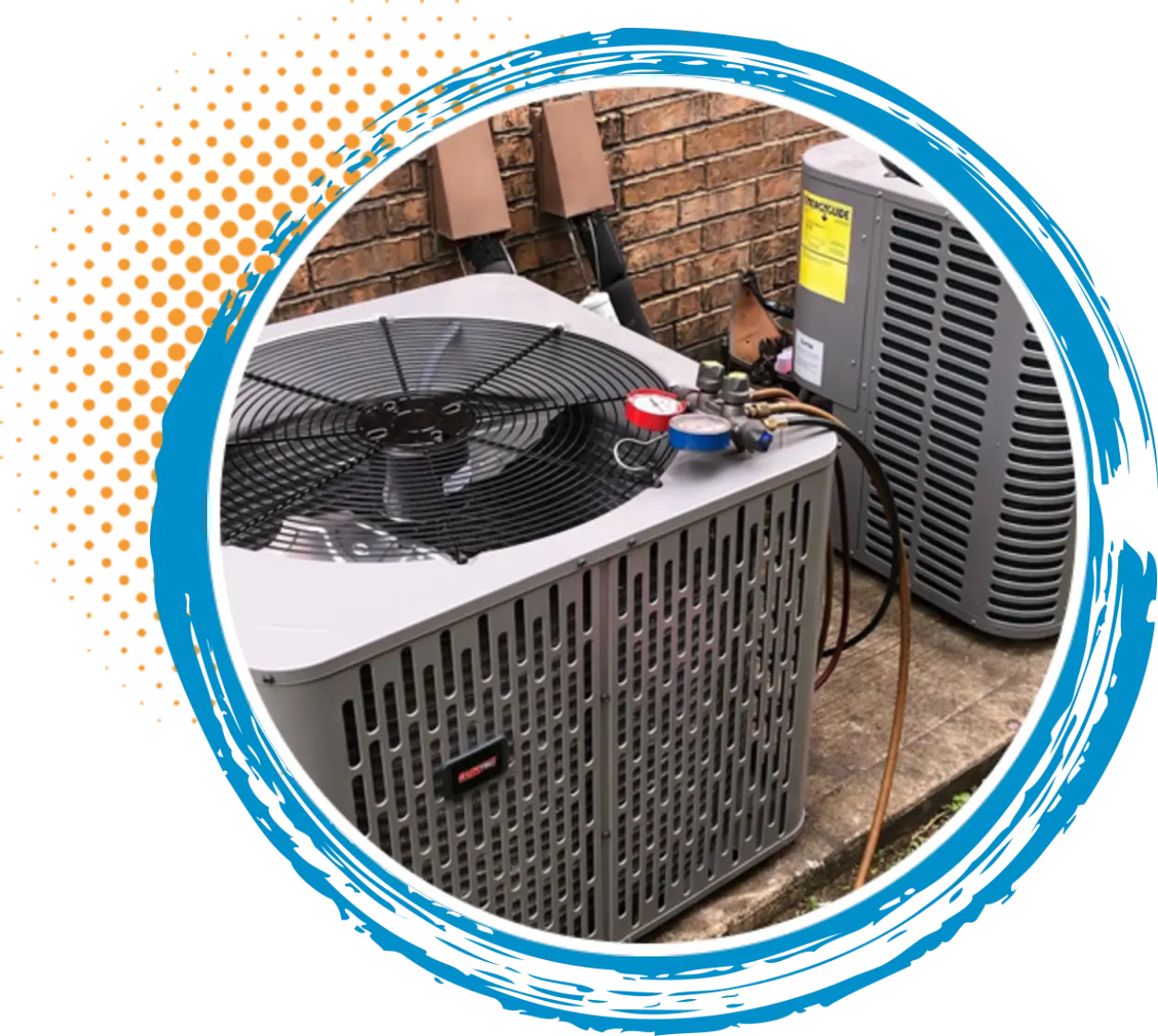 Air conditioning unit with diagnostic gauges and fan, illustrating AC repair services in Conroe by Turbo Home Services.