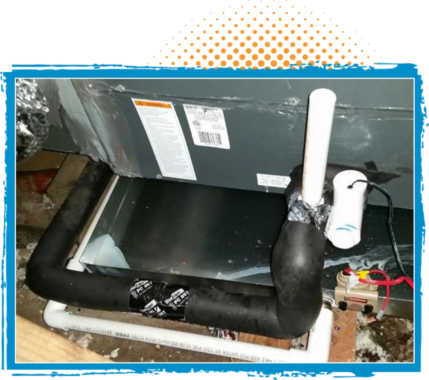 HVAC system components with insulated pipes and wiring, illustrating repair work for improved airflow and efficiency.