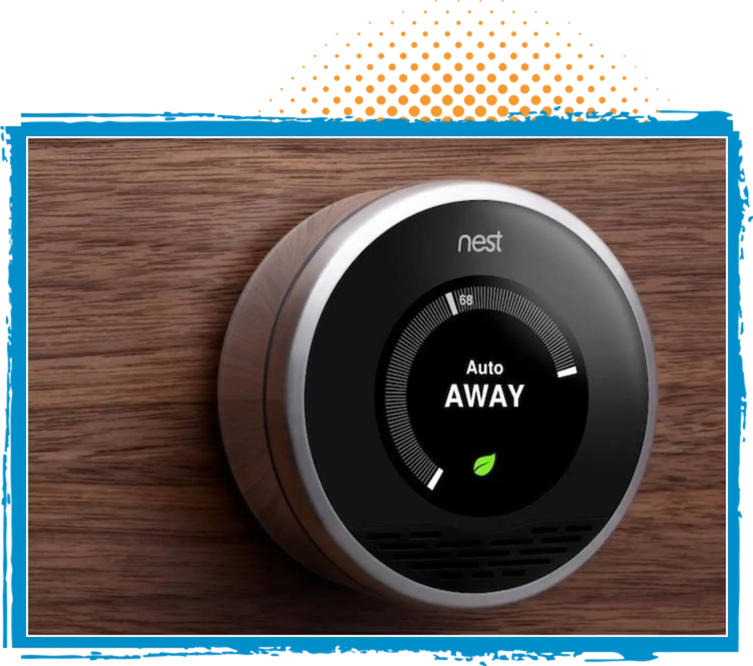 Nest thermostat displaying "Auto AWAY" setting on a wooden wall, emphasizing HVAC control and energy efficiency for home comfort.