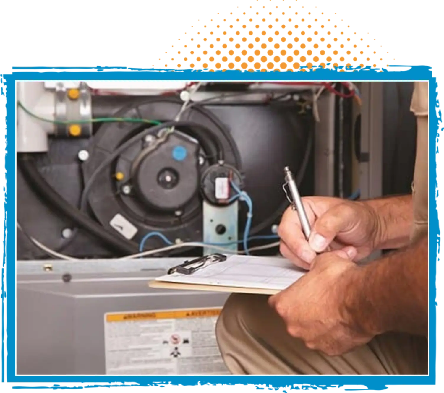 HVAC technician inspecting equipment and taking notes on a clipboard during a routine maintenance check for safety and efficiency.