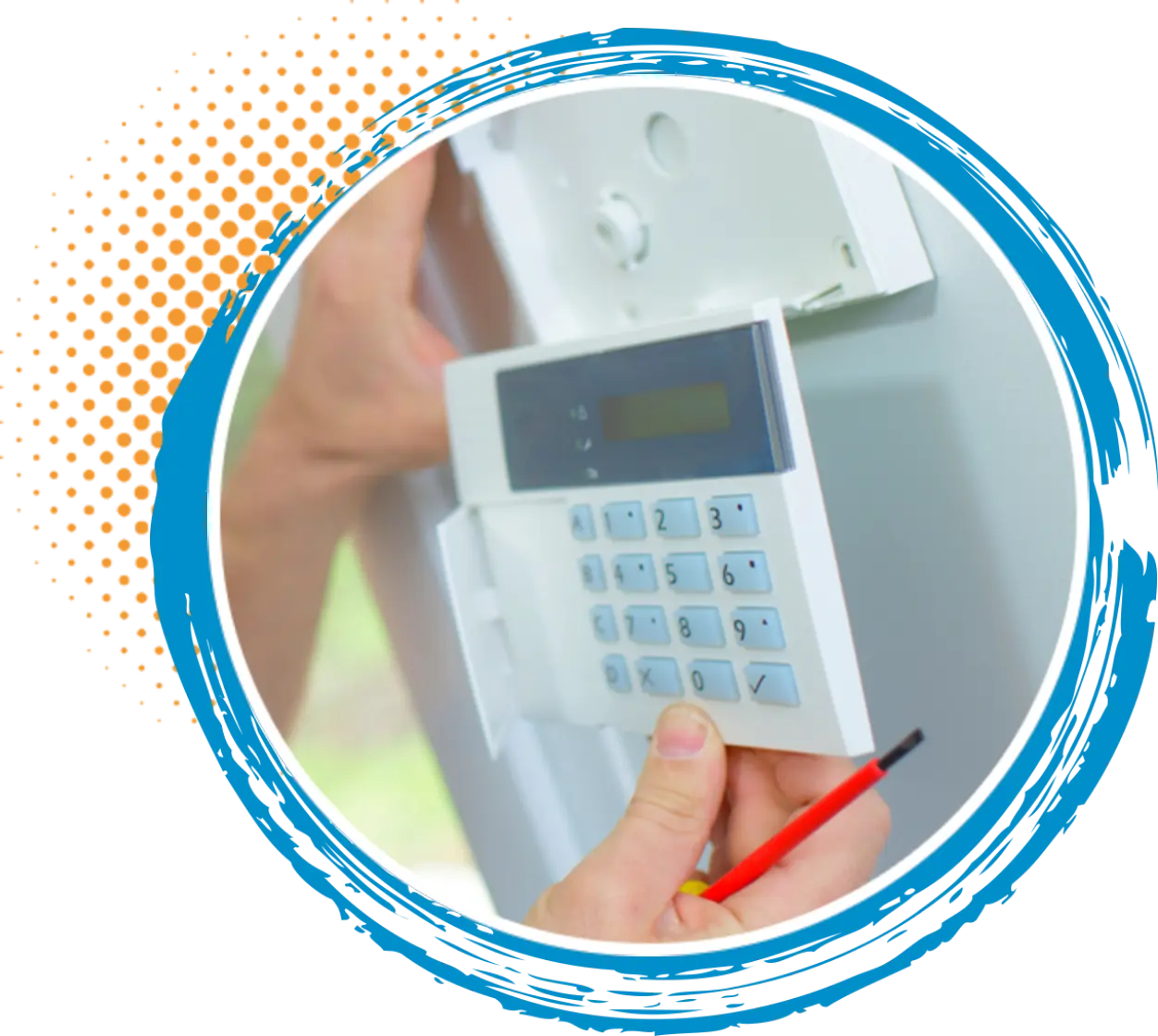 Thermostat repair technician holding a digital thermostat with a screwdriver, emphasizing HVAC system maintenance and temperature control services in Conroe.