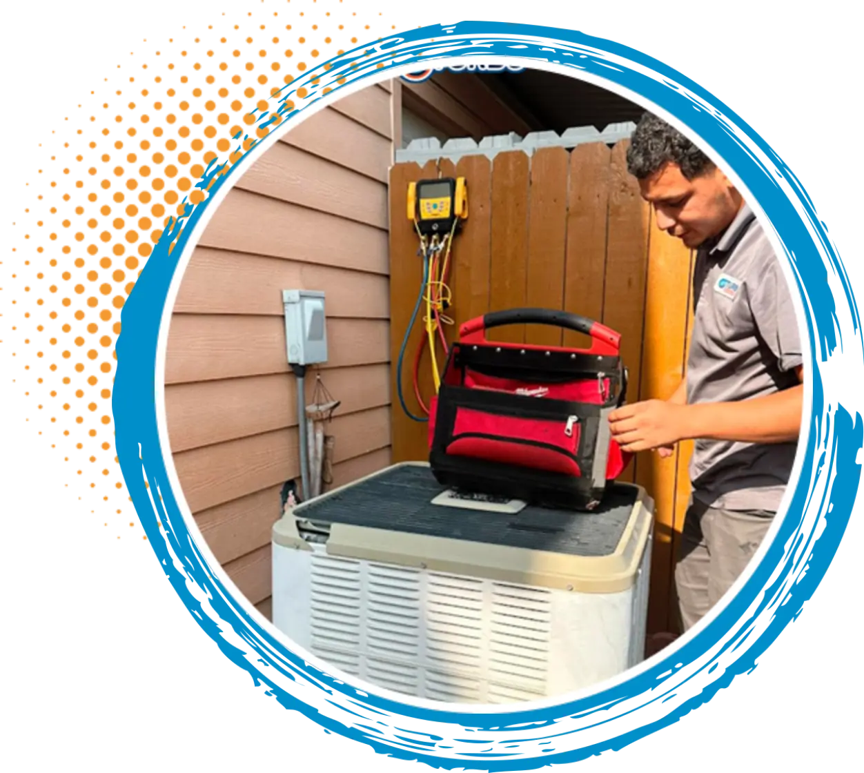 Technician servicing HVAC unit with tools, ensuring efficient air conditioning maintenance for Conroe homeowners.