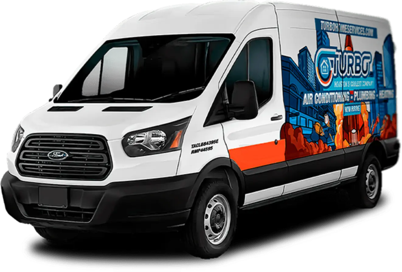 Turbo Home Services branded service van featuring HVAC and plumbing graphics, emphasizing fast and reliable home service solutions in Houston.