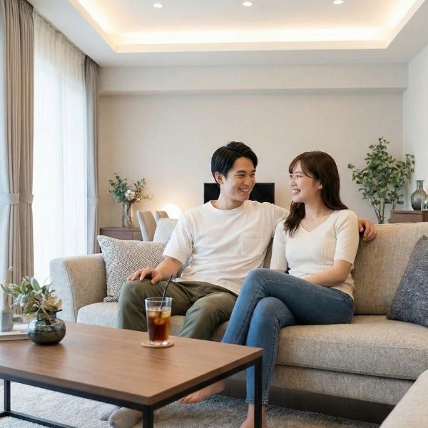 A smiling couple relaxes on a sofa in a brightly lit and comfortable living room.