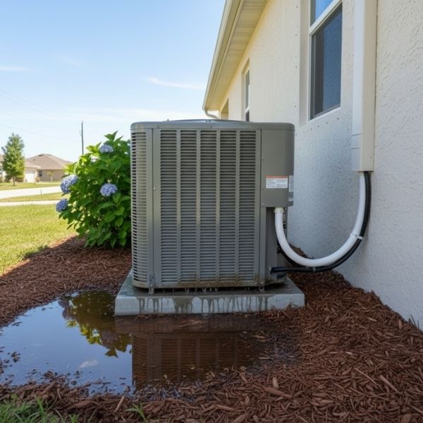 A visible puddle of water is leaking from the base of an indoor air conditioning unit.