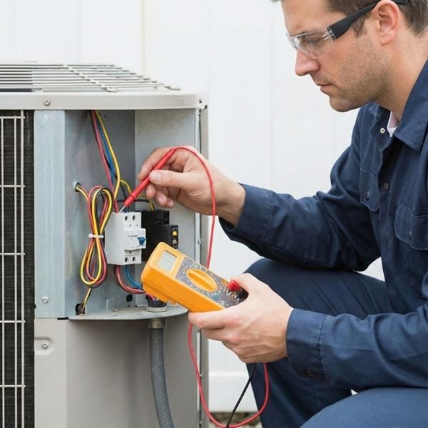 A certified HVAC technician uses a multimeter to inspect the electrical components of an air conditioning unit.