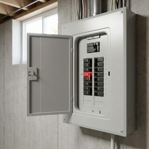 A tripped circuit breaker is visible inside a metal residential electrical panel box.