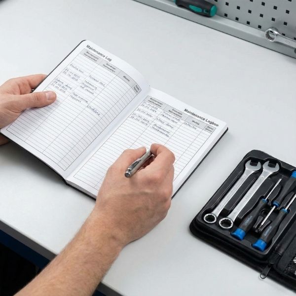 A person reviews a professional service record and maintenance logbook.