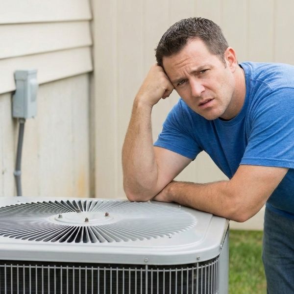 A homeowner outdoors, with a puzzled look, leaning near a noisy outdoor AC condenser unit.