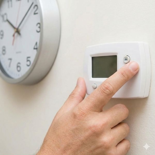 A close-up photograph of a person's hand adjusting a wall thermostat, with a clock visible in the background.