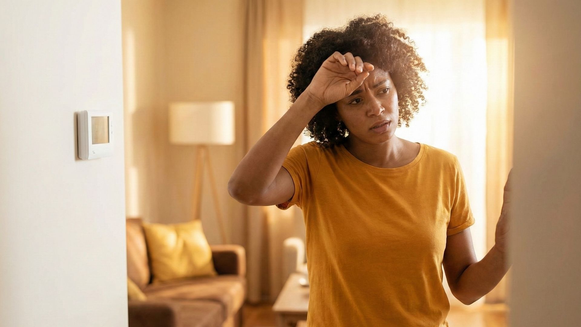 A worried homeowner wiping sweat from their brow while looking at a wall thermostat in a warm, sunlit living room.