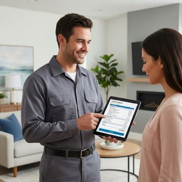 A friendly HVAC technician presents a cost estimate on a tablet to a female homeowner in a bright living room.