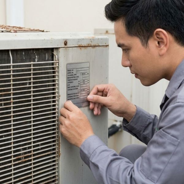 A technician checks the data plate on an weathered outdoor AC unit to determine its age.